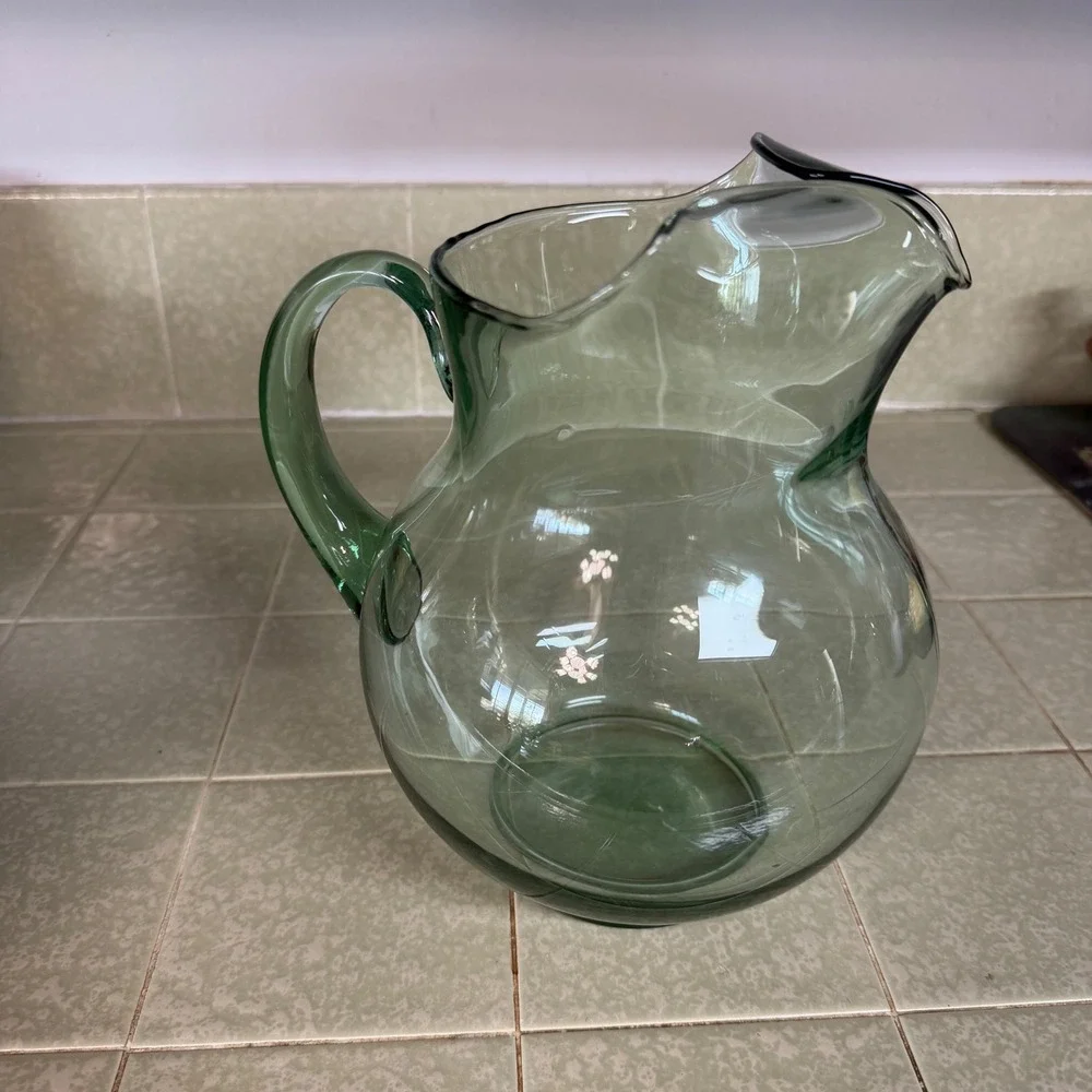 Vintage Sage Green Glass Pitcher Round Hand Blown Water Carafe with Handle 9